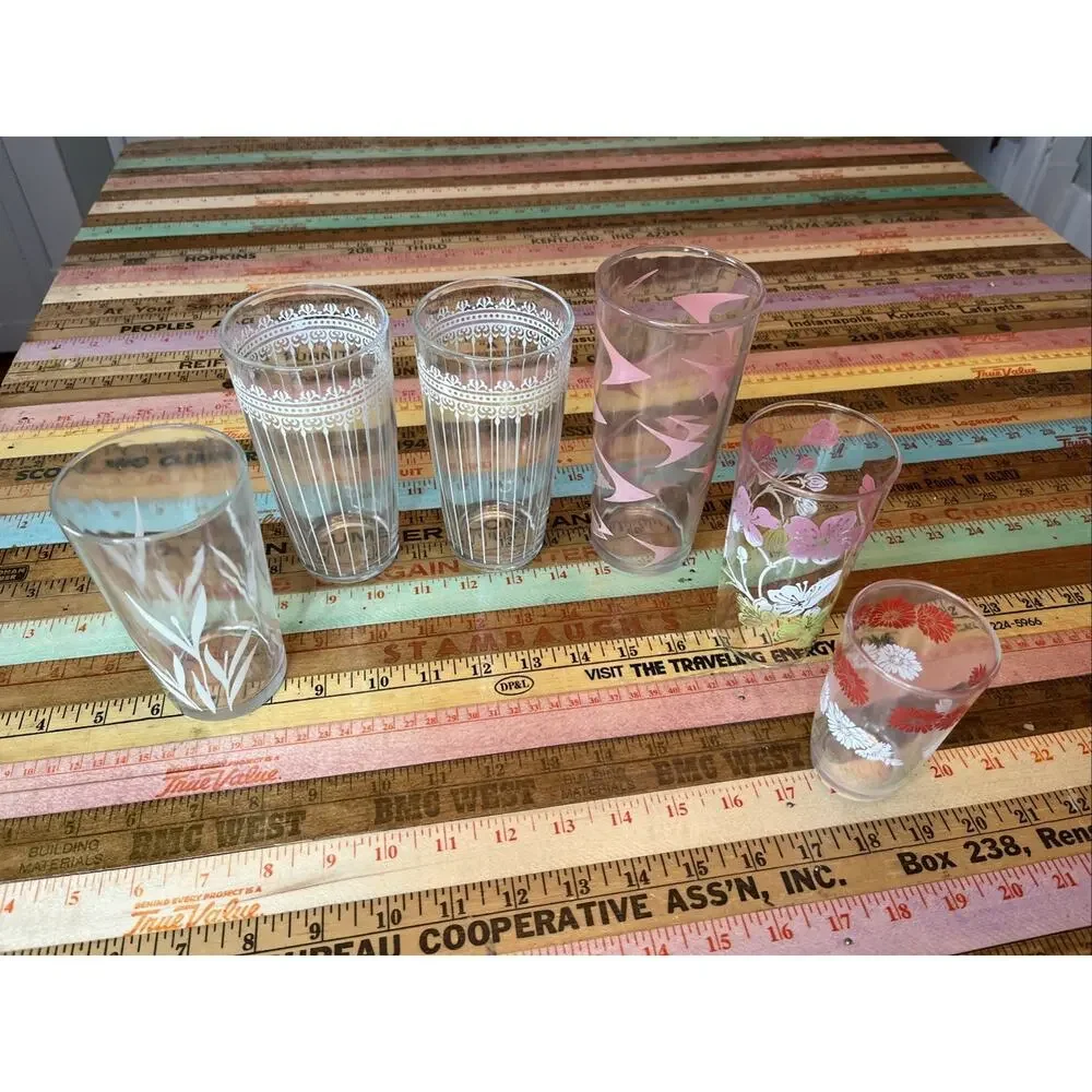 Vintage Floral Drinking Glass Lot of 6 Vintage Retro 60s MCM Tumblers Flowers